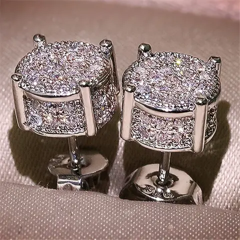 Unisex Iced Out Round Stud Earrings, 14K Gold/Silver Plated, Cubic Zirconia Cluster Earrings, Hypoallergenic CZ Earrings, Hypoallergenic Sterling Silver Post, Hip-hop Style Bling Statement Jewelry, Perfect for Daily Wear & Gifting