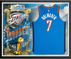 Chet Holmgren Oklahoma City Thunder 2025 NBA Finals Champions Framed Autographed Nike Blue Icon Authentic Jersey Collage - Fanatics Authentic Certified