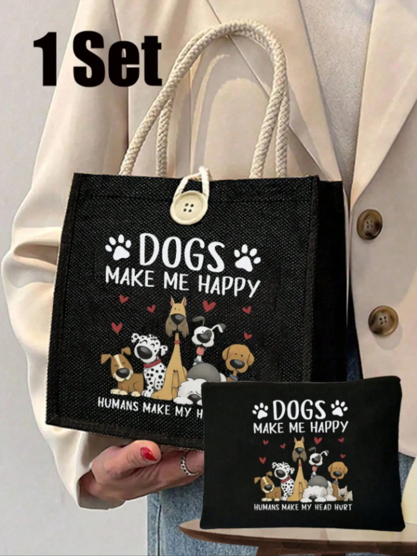 Puppy Printed Linen Handbag, Reusable Shopping Bags, With Button Closure And Sporty Design, "Dogs Make Me Happy", Reusable Large Capacity Handbag With Matching Small Bag, Suitable For Daily Leisure, Travel