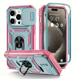 for iPhone 17 16 15 14 13 12 11 Pro Max Shockproof Armor 360° Rotating Metal Magnetic Ring Stand Protective Phone Case with Sliding Lens Cover Protection Accessories