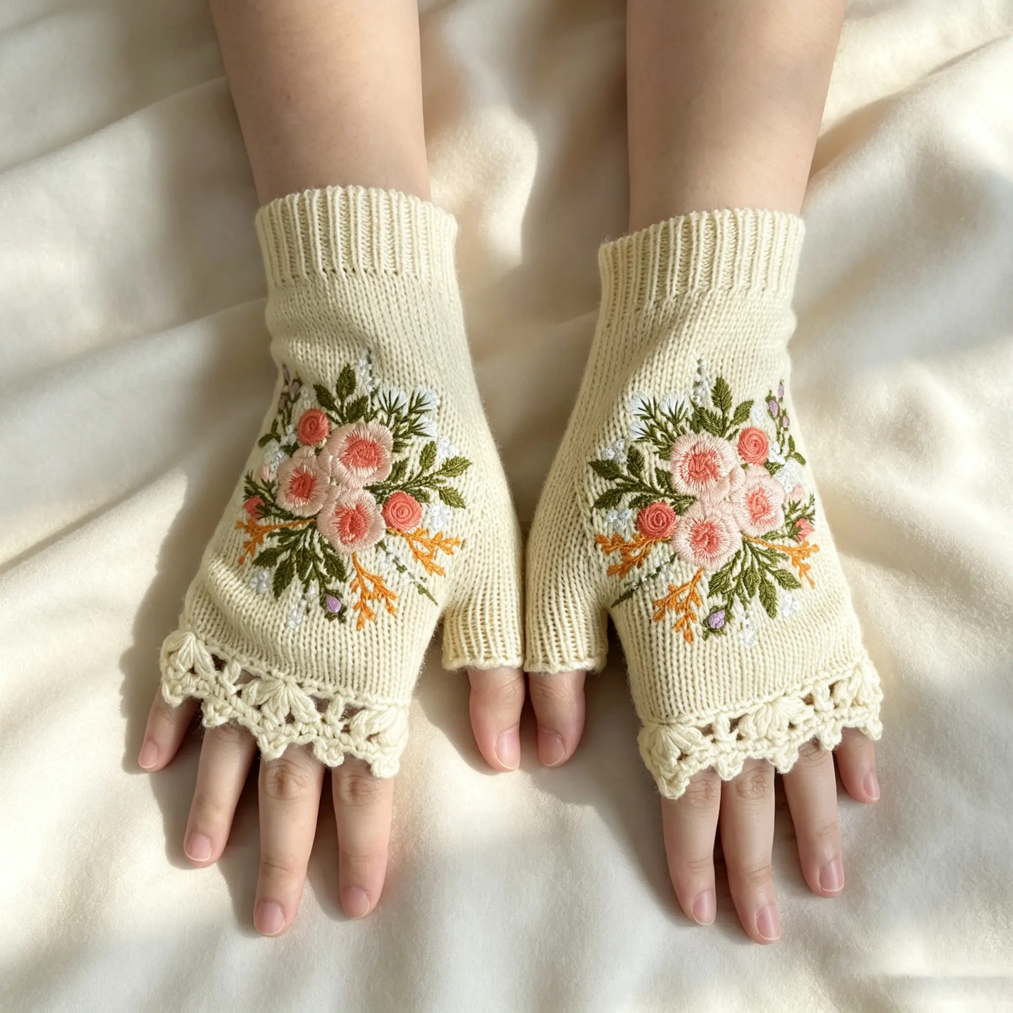Women's Sports Gloves, Autumn-Winter Warm Half-Finger Knitted Gloves with Hand-Crossed Embroidered Floral Design