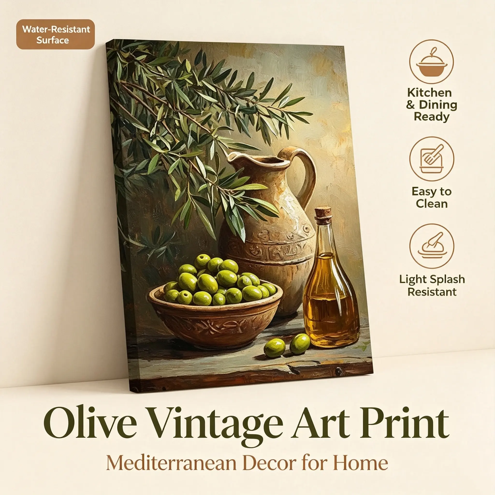 Mediterranean Olive Oil Wall Art, Rustic Olive Branch Kitchen Decor, Vintage Still Life Painting, Farmhouse Dining Room Wall Decor, Italian Countryside Artwork for Kitchen, Dining Room & Living Room