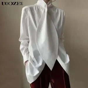 UOOZEE Women's White Loose Long Sleeve Shirt, Large Leaf Tie, Four Seasons Casual Women's Clothing