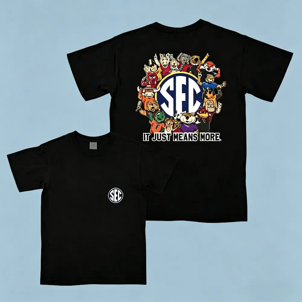 SEC Mascot Collage Graphic T-Shirt, Vintage Sports Team Mascot Print Short Sleeve Tee For Men Women, Retro College Football Fan Apparel, SEC It Just Means More Quote Back Print Tshirt