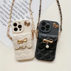 Diamond Pattern Bowknot Phone Case for iPhone 15 Pro Max/14 Plus, with Lanyard for Crossbody Wear, Full Coverage for 12 Pro/13 Pro Max, Soft Case for 12 Mini/13 Mini, 11 Protective Case with Coin Purse