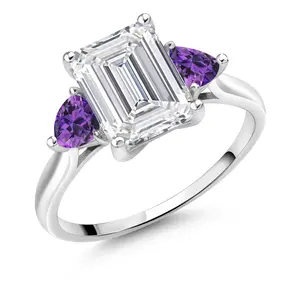 Gem Stone King 10K White Gold IGI Certified VS Lab Grown Diamond & Amethyst 3 Stone Engagement Ring For Women | 3.38 Cttw | Center Emerald Cut Diamond 3 Ct | 4MM Trillion Amethyst