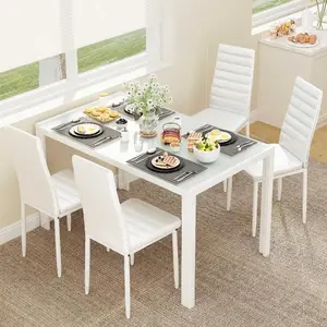 [2 Packages Shipping]5-Piece Glass Dining Table Set, Accommodates 4 With PU Leather Chairs, Modern  Sets For Your Home, Kitchen,