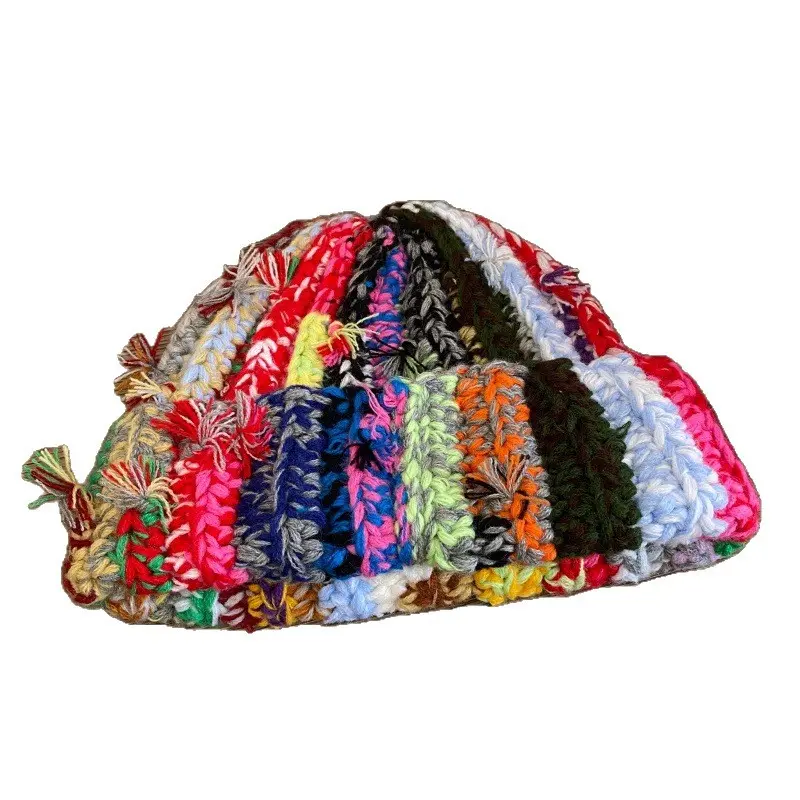Handmade Rainbow Knitted Beanie Hat Winter Warm Tassel Earflap Cap Colorful Soft Wool Blended Boho Style Gift For Her Love Stretchy