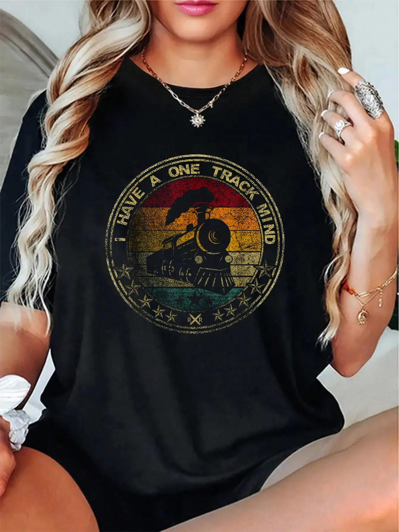 100% Cotton Unisex I Have A One Track Mind Train Retro Engine Model Railroad T-Shirt，Autumn Women's T-shirt Christmas Happy Letter Snowflake Fun Pattern