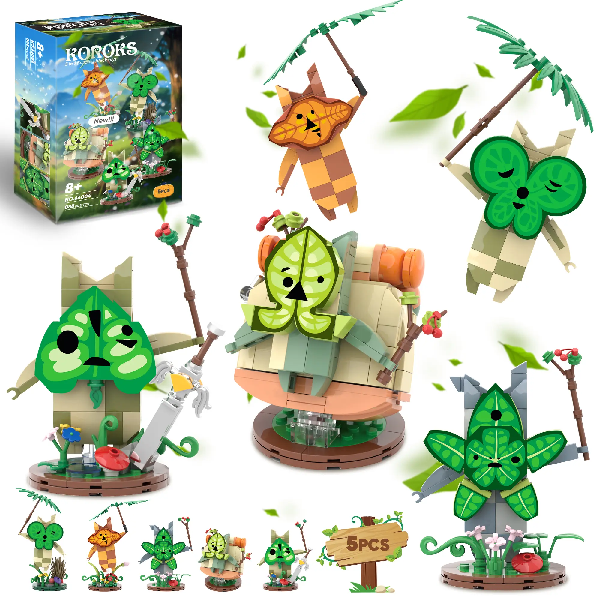 【TOKMOC】66004,888 Pieces,Koroks 5 Characters Building Block Set for BOTW, Cute Game Merch Action Figures,Collecting and Gifting Model for fans,Home De