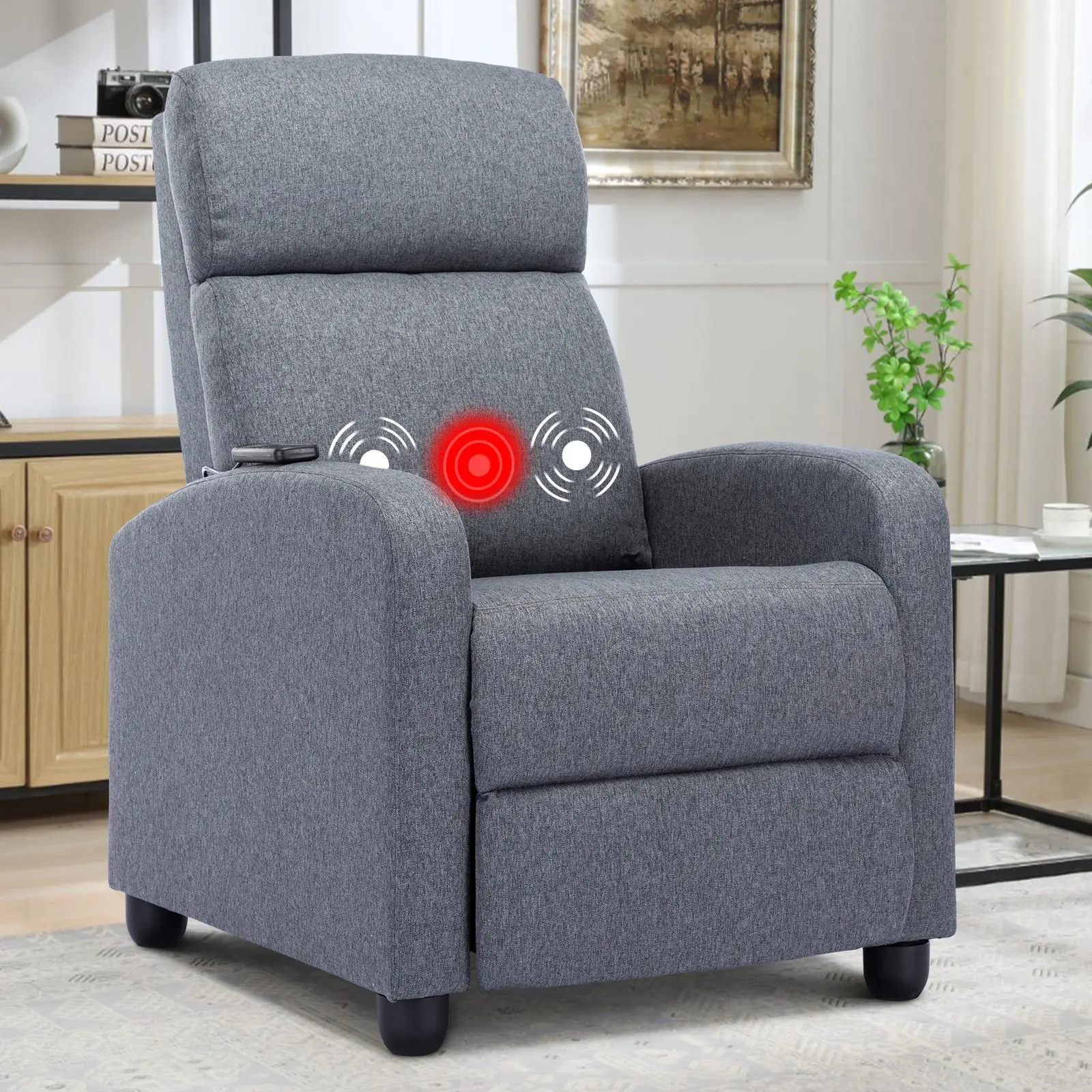 EBELLO PU Leather Massage Recliner Chair Recliner Chairs, Modern Padded Seat Reclining Chair Single Sofa for Living Room, Adjustable,PU,Leather,Massage,Recliner