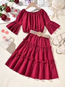 Kikofendy Girls' Summer Fashion Bell Sleeve Short Top + Ruffled Hem Skirt Matching Outfit Set + Belt Three-Piece, Stylish Kids Clothing