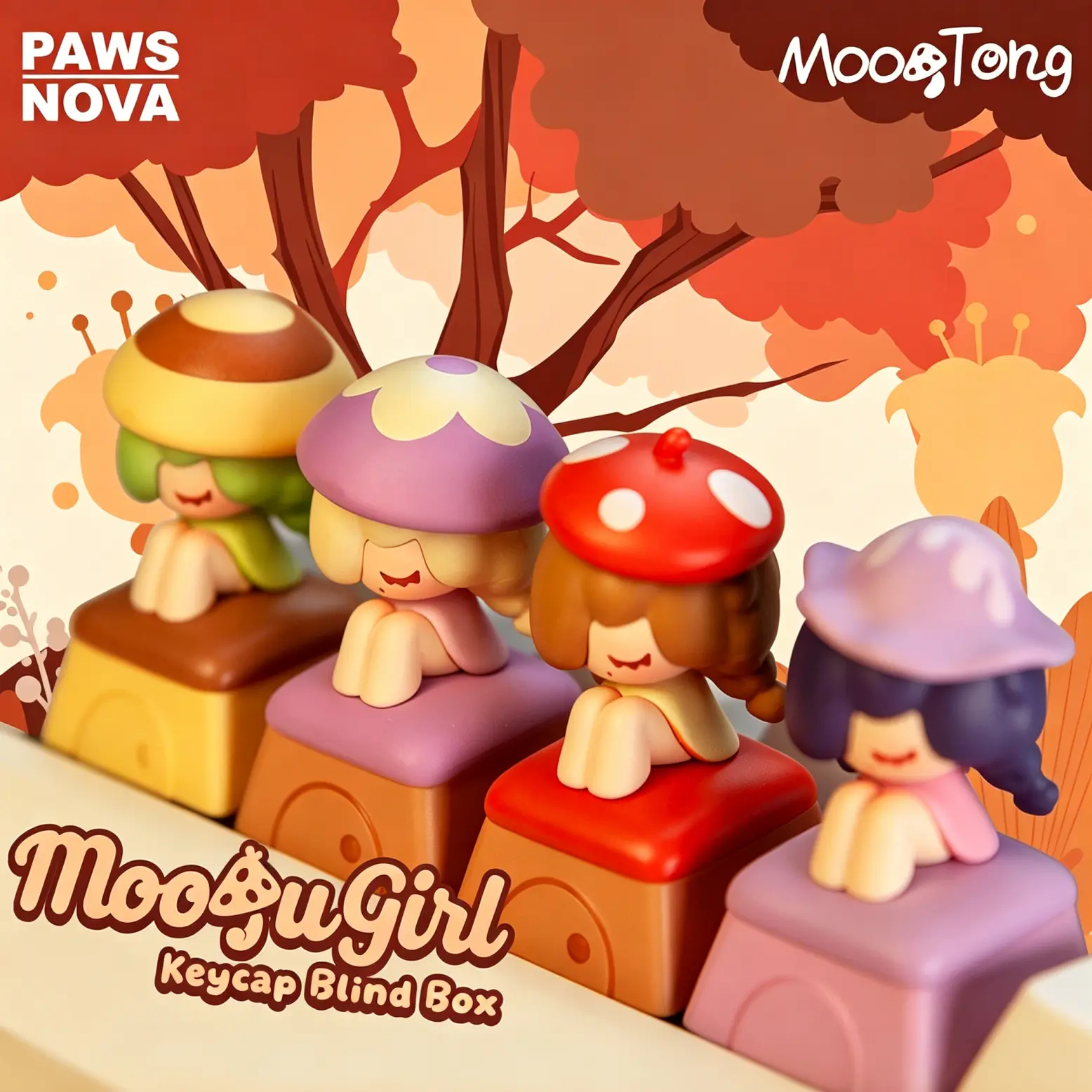 PAWSNOVA Moogugirl Little Mushroom Girl & Tiny Mushroom Keycap Blind Box, Cute Cartoon Mushroom Keycap Replacement