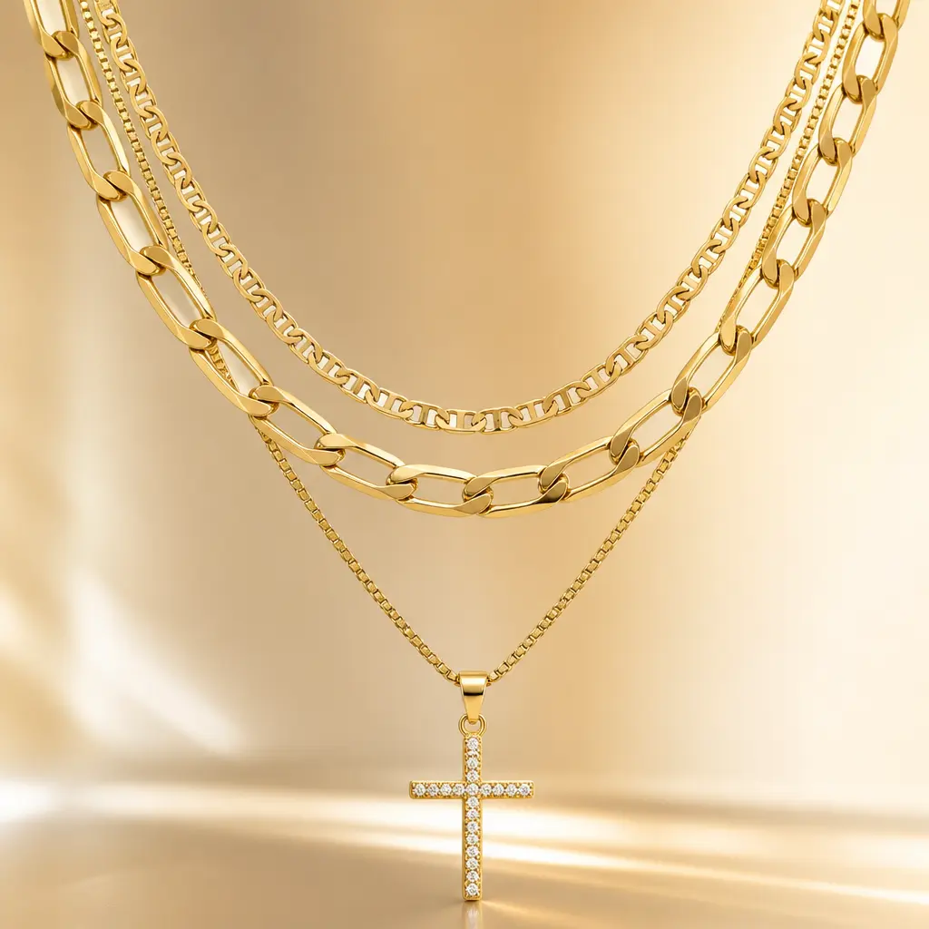 Layered Cross Necklace for Women, 14K Gold Plated Stacked Necklaces with CZ Cross Pendant, 3 Layer Figaro & Box Chain Necklaces, Adjustable Dainty Gold Neck Jewelry for Daily Wear, Parties, Date Night, Gifts