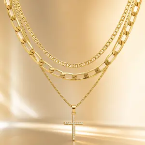 Layered Cross Necklace for Women, 14K Gold Plated Stacked Necklaces with CZ Cross Pendant, 3 Layer Figaro & Box Chain Necklaces, Adjustable Dainty Gold Neck Jewelry for Daily Wear, Parties, Date Night, Gifts