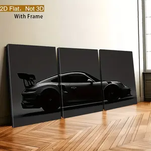 2D flat framed art, 3-piece set of black sports car dark-toned triptych canvas wall art, high-quality spray-painted vertical wall decoration, suitable for living rooms, offices, bars, modern car art gift, birthday, holiday, party vehicle decoration, 2D fl
