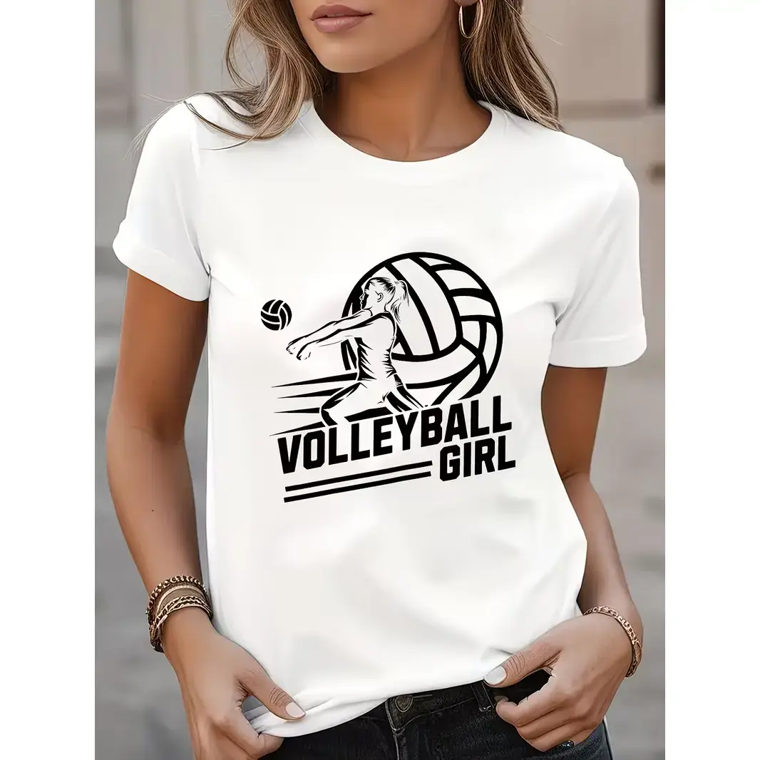Women's Casual Volleyball Graphic T-Shirt, Lightweight 100%25 Cotton Short-Sleeve Crewneck for Summer and Everyday Wear, Shortsleeve, Machine Washable, Refer To Size Chart