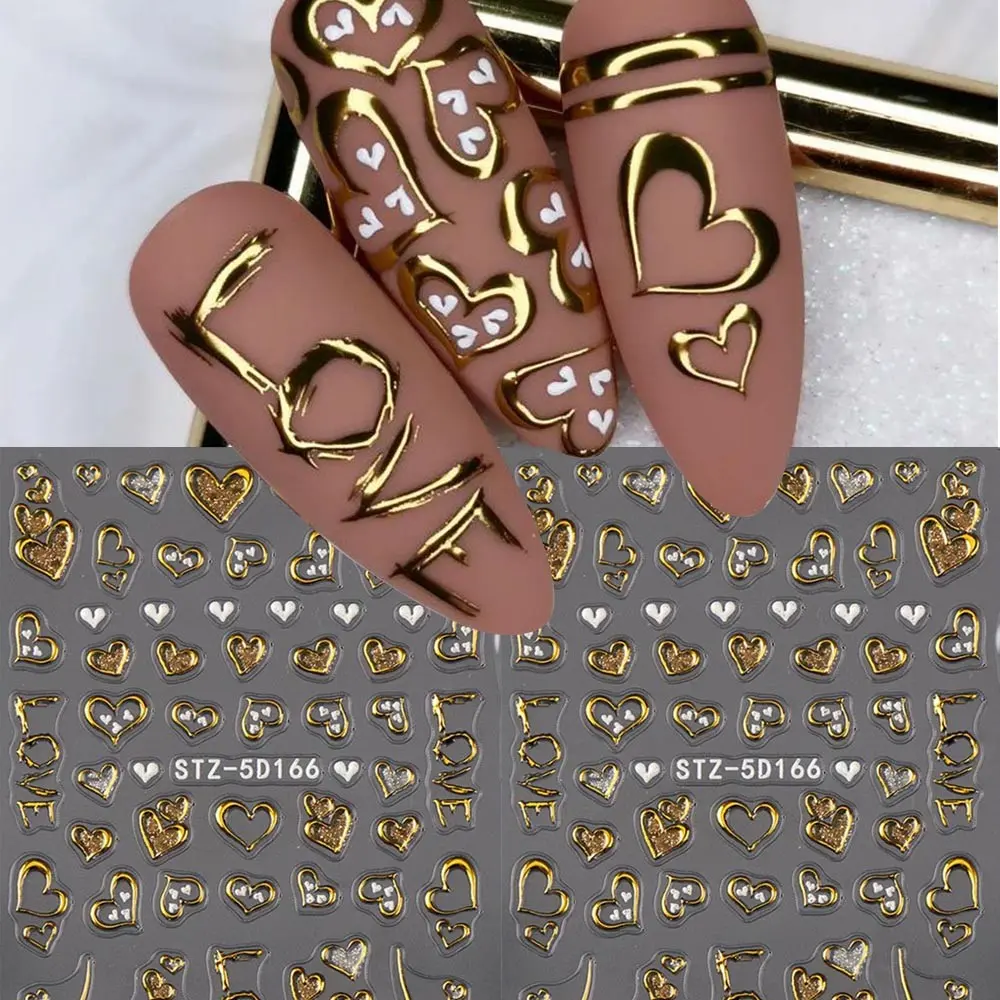 Golden Heart Jelly Nail Stickers, 5D Love Mirror Powder Golden Hollow Heart Nail Decals, DIY Manicure Decoration Nail Accessories Nail Supplies, Nail Designs
