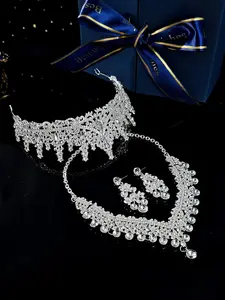 Bridal Gift Box Accessory Set includes Stylish Alloy Crown and Exquisite Rhinestone Necklace and Earrings, Elegant Wedding Jewelry Set for Perfect Holiday Party Gift