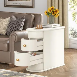 Tribesigns Solid Wood End Table with 2 Drawers, Modern Sofa Side Table, No Assembly Required, Closed Back Narrow Side Table for Living Room, Slim Bedside Table for Bedroom, Ivory White