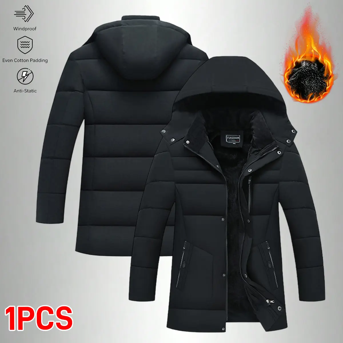 Men's Casual Fashionable Mid-Length Padded Jacket - Detachable Hood, Windproof, Winter Warm-Lined, Long Sleeve, Plain, Polyester, Pull-On Daily Coat for Menswear Tops