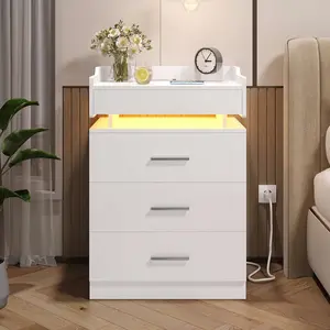 LED Nightstand with Charging Station White Modern Furniture