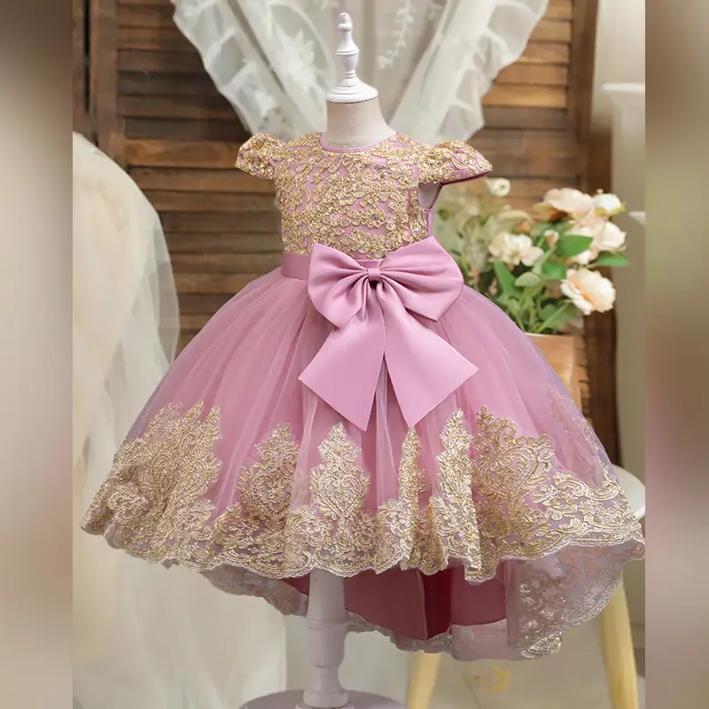 Elegant Pink Princess Dress With a Large Bow,Short Sleeves,High and Low Ruffles,Transparent Chiffon Skirt, Perfect for Birthday Celebrations and Speci