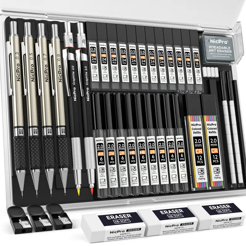 Nicpro Art Series Round Graphite Mechanical Pencils Assortment Kit for Artists - 6pcs Multi-Size Metal Body (0.3&0.5&0.7&0.9&2.0mm: 4x0.9, 2x2.0mm Holders), 6B/4B/2B/HB/2H/4H Refills, 23 Lead Tubes, Portable Precise Tip Pencils, Case for Sketching Drawing