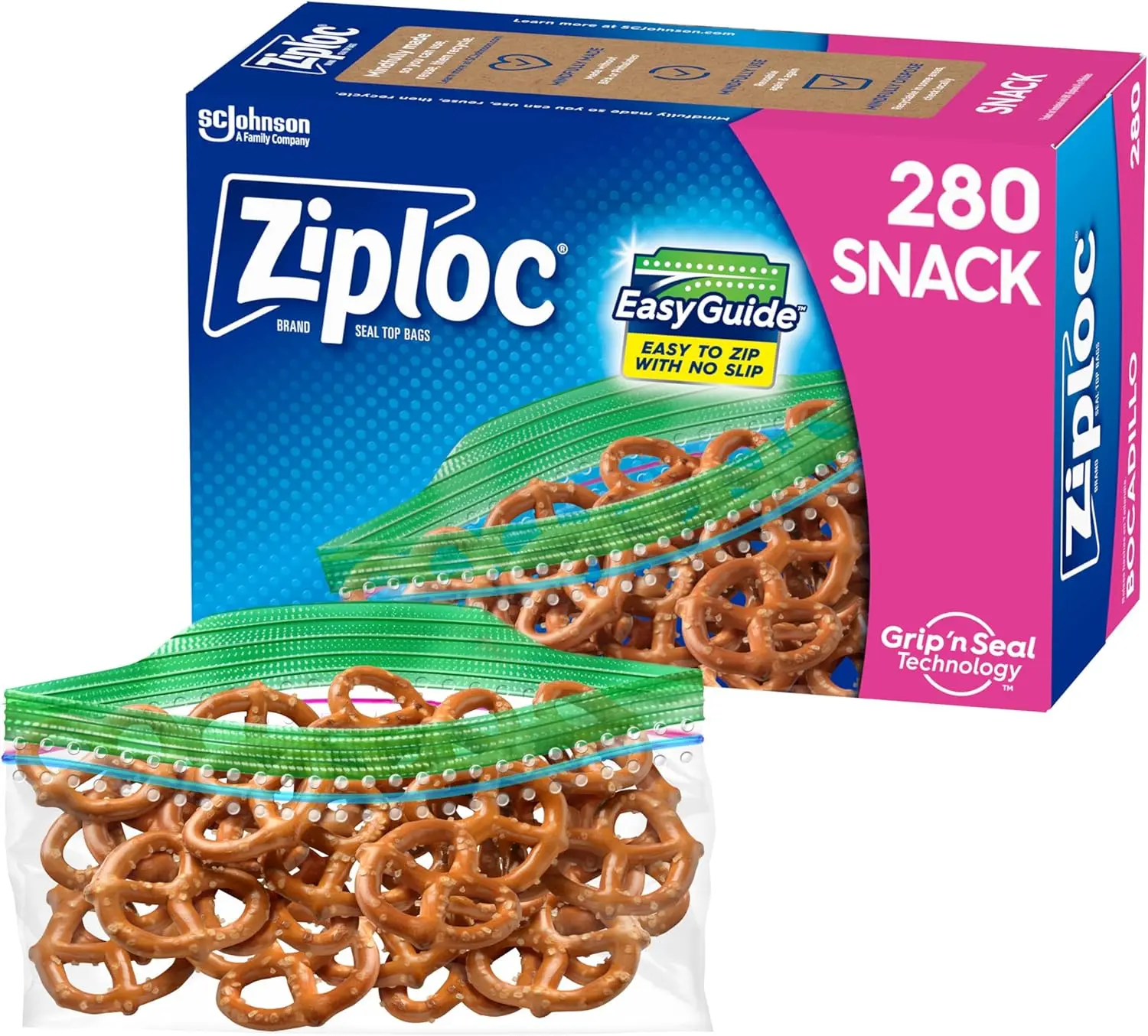 Ziploc Snack Bags 280 Total EasyGuide Texture Grip N Seal Technology for Small Plastic Storage Ideal for Lunch Packing School Trips and Daily Organization