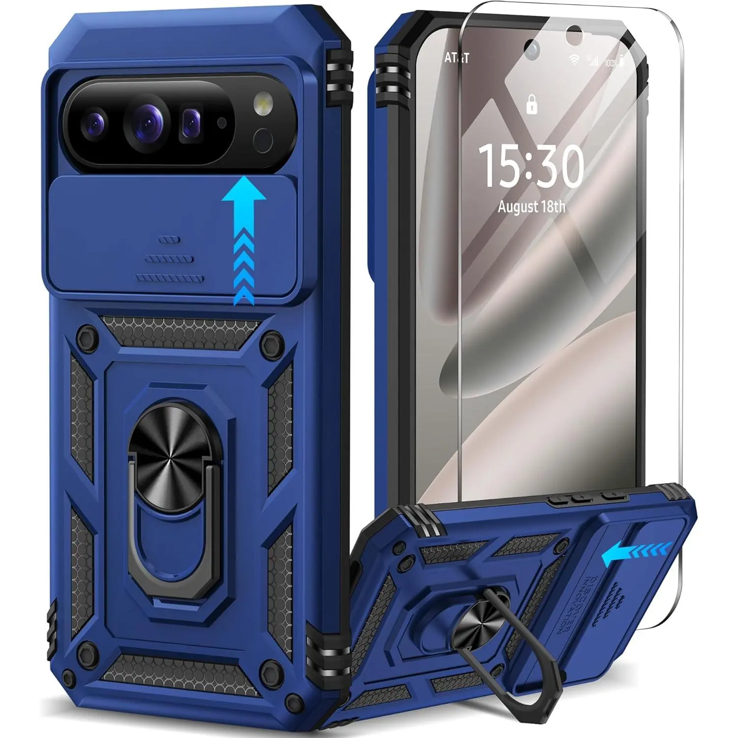 for  Pixel 10 Pro XL Case with Screen Protector & Slide Camera Lens Cover,Built-in 360?Rotate  Ring Stand Shockproof Protective Phone Case for Pixel 10 Pro XL Case (Blue)