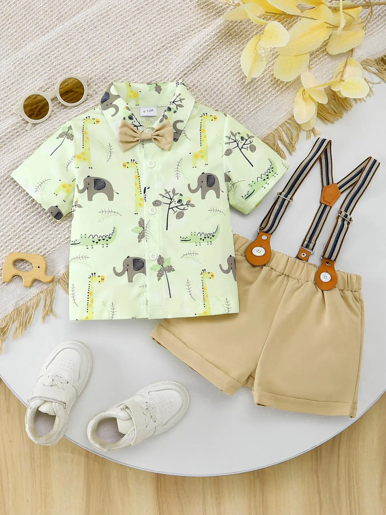 Cute Animal Print Summer Clothing Set (includes Shirt + Suspender Shorts), Casual Summer Short Sleeve Shirt with Bow Tie, Perfect for Parties and Family Gatherings, Toddler Clothes, Clothes Kids