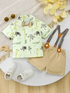 Cute Animal Print Set (includes Shirt + Suspender Shorts), Casual Short Sleeve Shirt with Bow Tie, Perfect for Parties and Family Gatherings, Toddler Clothes