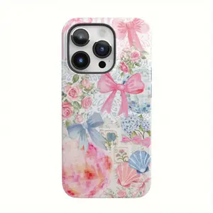 Pink and blue bowknot floral pattern, durable and shockproof glossy 2-in-1 phone case, suitable for iPhone 17, 16, 15, 14, 13, 12, 11, X, Samsung and other series models. Can be given as a holiday gift to friends or family.