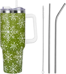 Christmas Tumbler with Handle and Straw Lid 40 oz,5D Cute Christmas Gifts for Women Green Snowflakes Vacuum Insulated Leak Proof Tumbler,Winter Holiday Accessories Stainless Steel Coffee Cup Mug