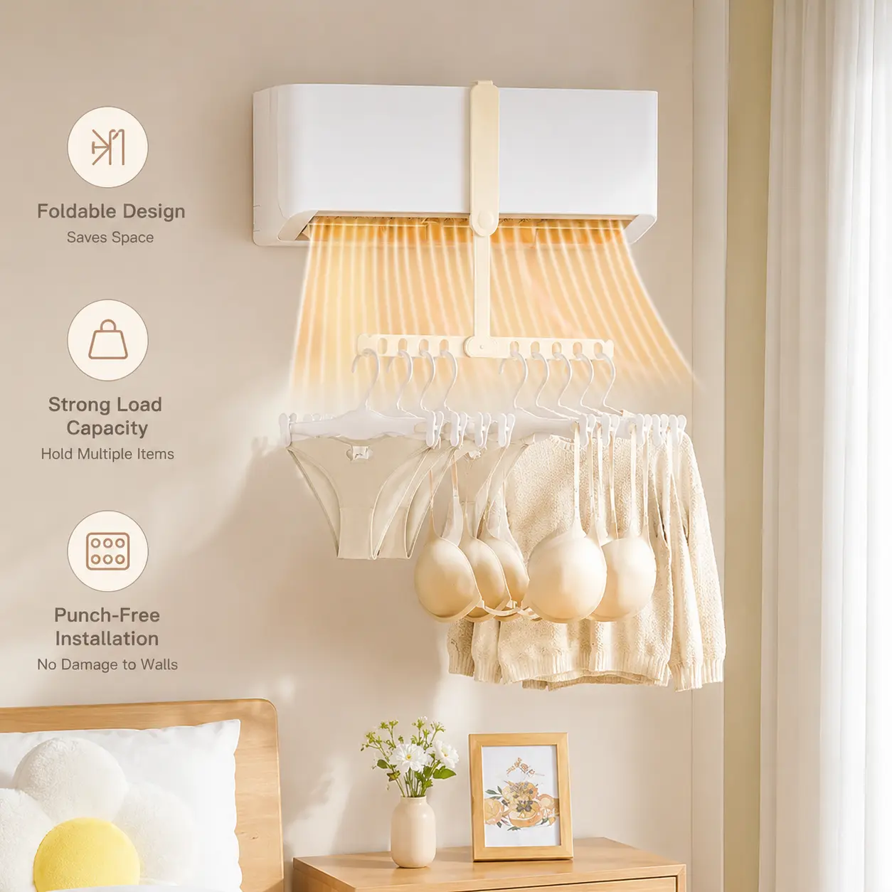 1 Count Foldable Portable Clothes Drying Hanger, Multi Hole Design for Hanging on Air Conditioner for Home Travel Outdoor Laundry Use
