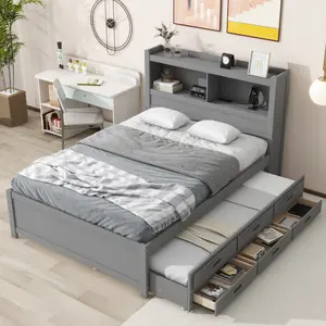 Full Size Platform Bed with Trundle, Drawers and Bookcase Headboard with USB Plugs, Hardwood Full Size Bed Frame, No Box Spring Needed