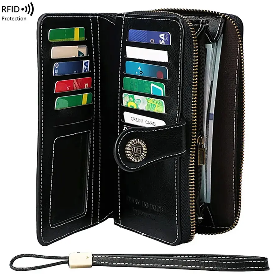 Women's wallets Vintage PU Leather Long Wallet with Wristband, Multi-card Slot Long Clutch Purse with Flower Buckle, RFID Blocking Long Wallet for Daily Use, Rfid Blocking Wallets, Gift for Mom,Christmas Gift
