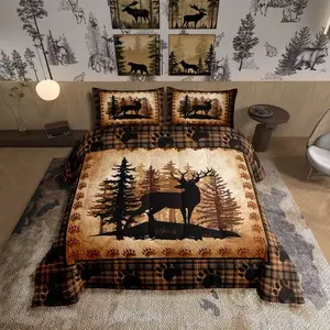 2/3pcs Deer & Bear Print Comforter Set - Rustic Cabin Bedding with Pine Trees & Plaid Design, Includes 1 Comforter + 1/2 Pillowcases, Western Farmhouse Bedroom Decor, Cozy Adult Bedding for Women & Men