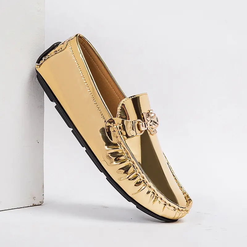 Men's Patent Leather Loafers, Chic Metallic Moccasins with Gold Ornament, Slip-On Fashionable Dress Shoes for Business & Party, Fashionable Loafers, Business Style Loafers