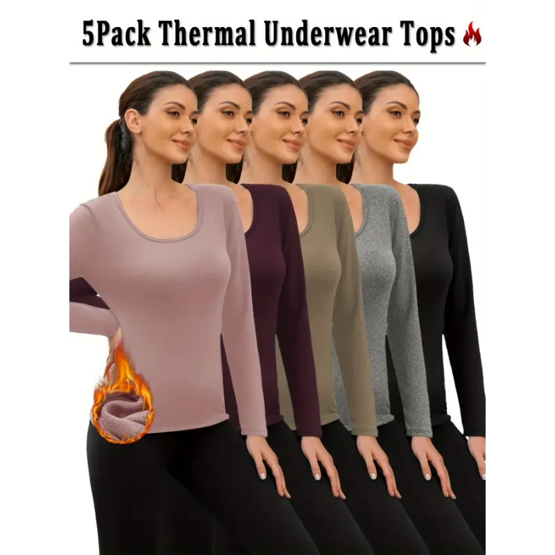 5-Pack Women'S Thermal Underwear Tops, Super Soft Fleece Long Sleeve Shirts, 92% Polyester 8% Spandex, High Stretch Knit Fabric, Solid Color, Cold Weather Base Layer - 190gsm