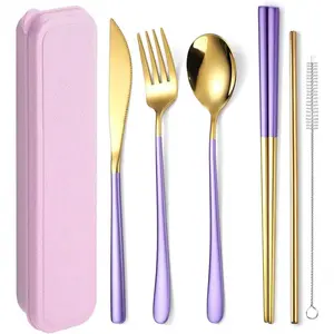 6 count 18/8 Stainless Steel Flatware Set Portable  Cutlery Set Travel Utensils Set Including Chopsticks  Fork Spoon Straws Cleaning Brush Dishwasher Safe (Purple golden)