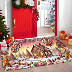 Christmas Door Mat - Gingerbread House Welcome Mat with Candy Lollipops, Soft Machine-Washable Indoor/Outdoor Mat, Non-Slip Backing for Entryway, Kitchen, Living Room - Festive Holiday Home Decor Gift