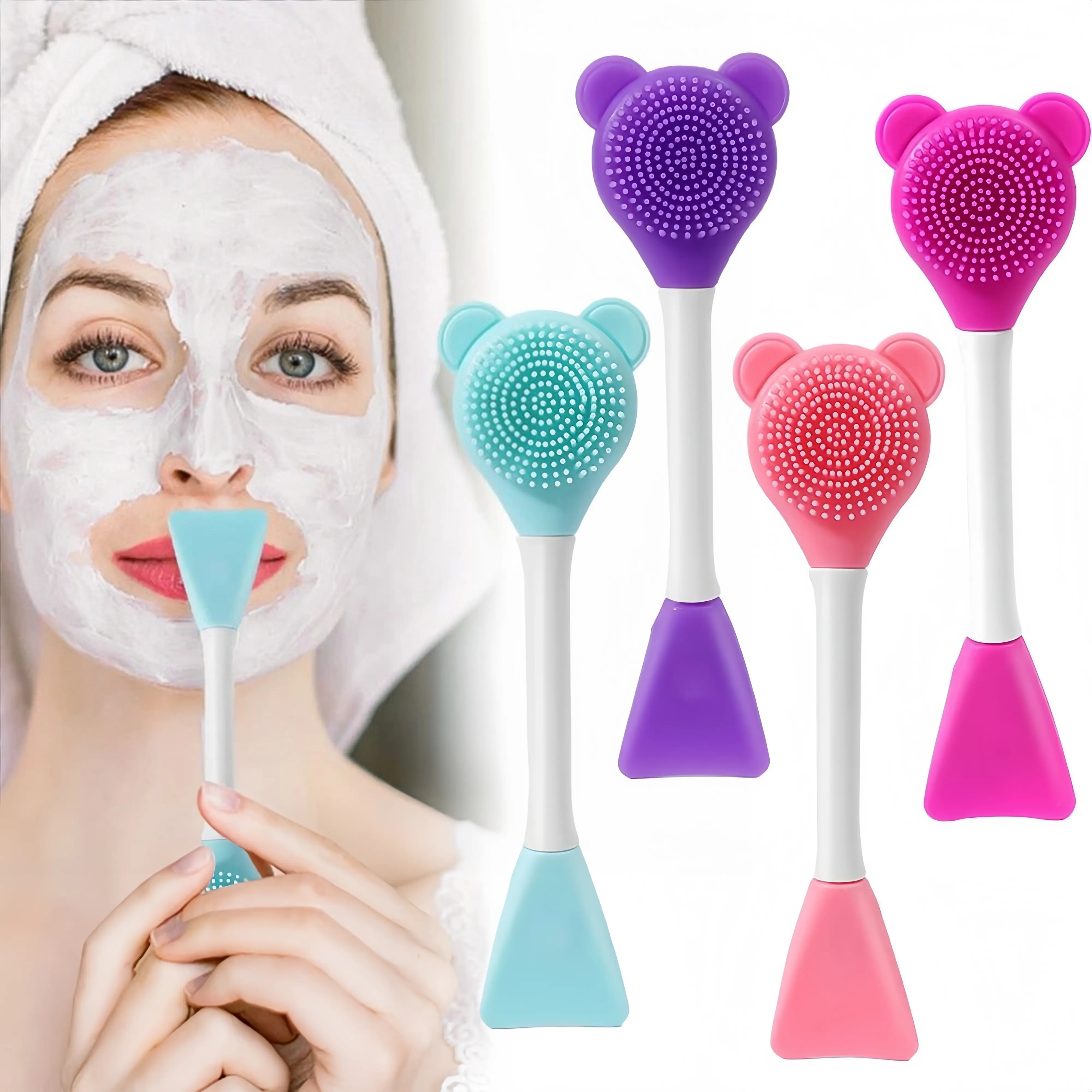Double-ended Silicone Mask Brush Set Soft Bristle Facial Cleansing & Massage Tool Fragrance & Alcohol Free Gentle Exfoliating for Masks & Essence Application