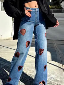 Women's Fashion Wide-Leg Jeans, Loose Hollow Heart Design, Stylish Denim Jeans for Casual Wear, Comfortable and Trendy