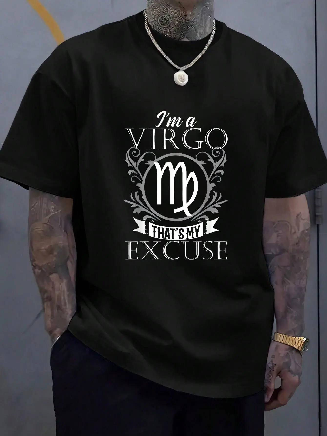 Men's Virgo Theme Zodiac Print T-Shirt, Casual Loose 100% Cotton Shortsleeve Graphic Tee with Soft Round Neck, Menswear, Casual Fit, All Seasons, Clothes