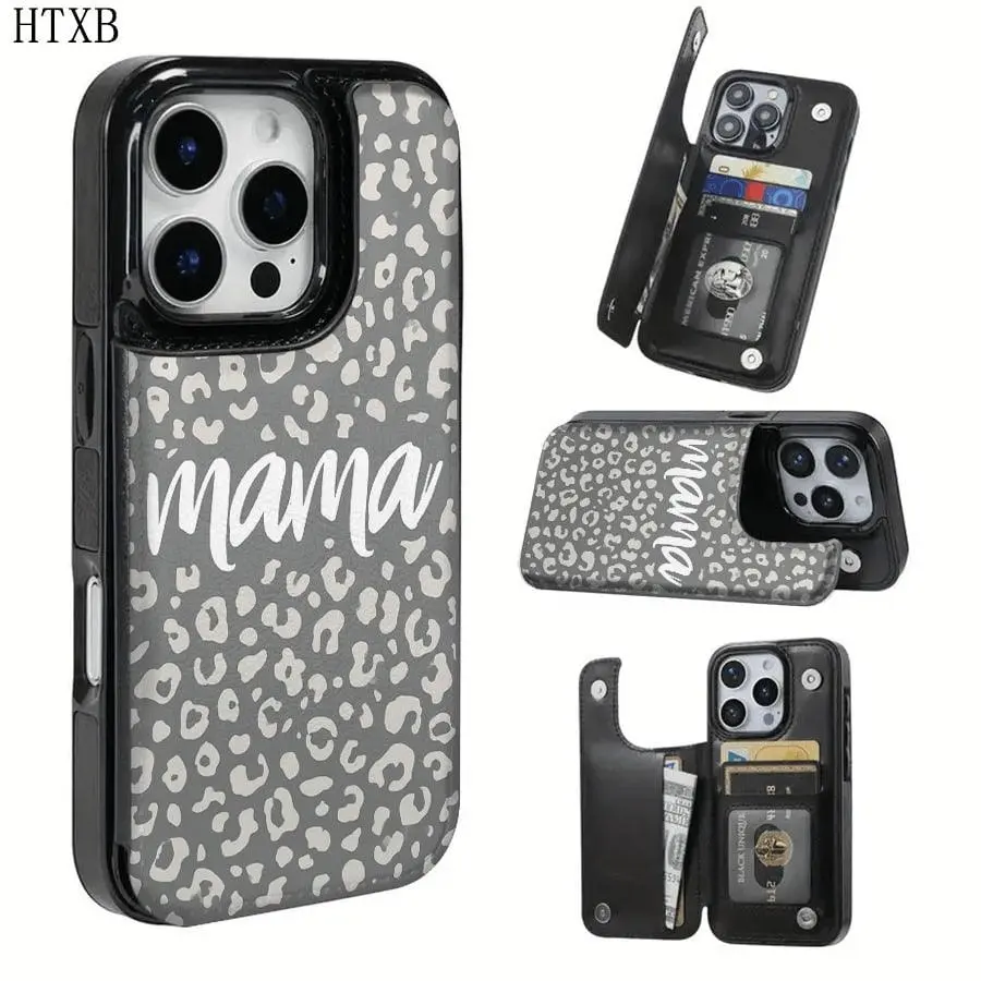 Simple Gray Leopard Print Mama Patterned, The Practical TPU Phone Case With Pattern Design Features A Card Slot And Multiple Functions Such As Bank Cards And Public Transportation Cards. It Is Suitable For 16promax, 16 15pro 14PLUS, 13 12Pro Max Series.