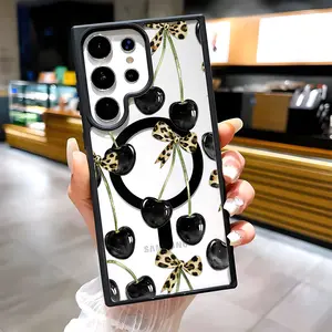 Black Cherry Leopard Print Bow Clear Magnetic Phone Case, Compatible with MagSafe Silicone Bumper Protective Cover For Samsung S25 S24 S23 S22 Ultra Plus FE