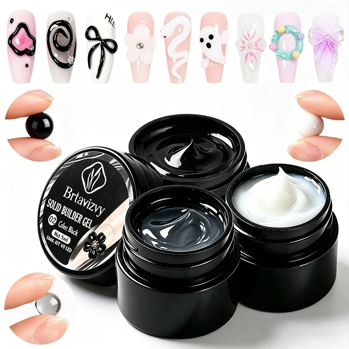 3PCS Clear Black Milk White 3D Sculpting Gel Kit, Non-Sticky Hand Carving Gel for 3D Flowers & Cute Nail Art, Professional Manicure Salon Supplies
