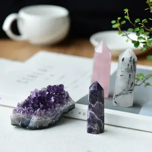 High Quality Natural Healing Crystal Black Hair Quartz Rose Quartz Point Amethyst Crystal Cluster Crystal Gift Box Set