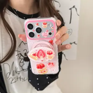 Double Layer Magnetic Phone Case Aesthetic Strawberry Cake Pattern Cover For iPhone 14 15 16 17 Pro Max